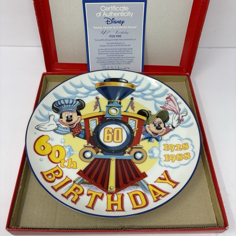 Disney Mickey Minnie Mouse 60th Birthday Plate Schmid 1988 COA Limited Edition